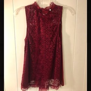 Women’s Lace Sleeveless Blouse, High Neck, Red